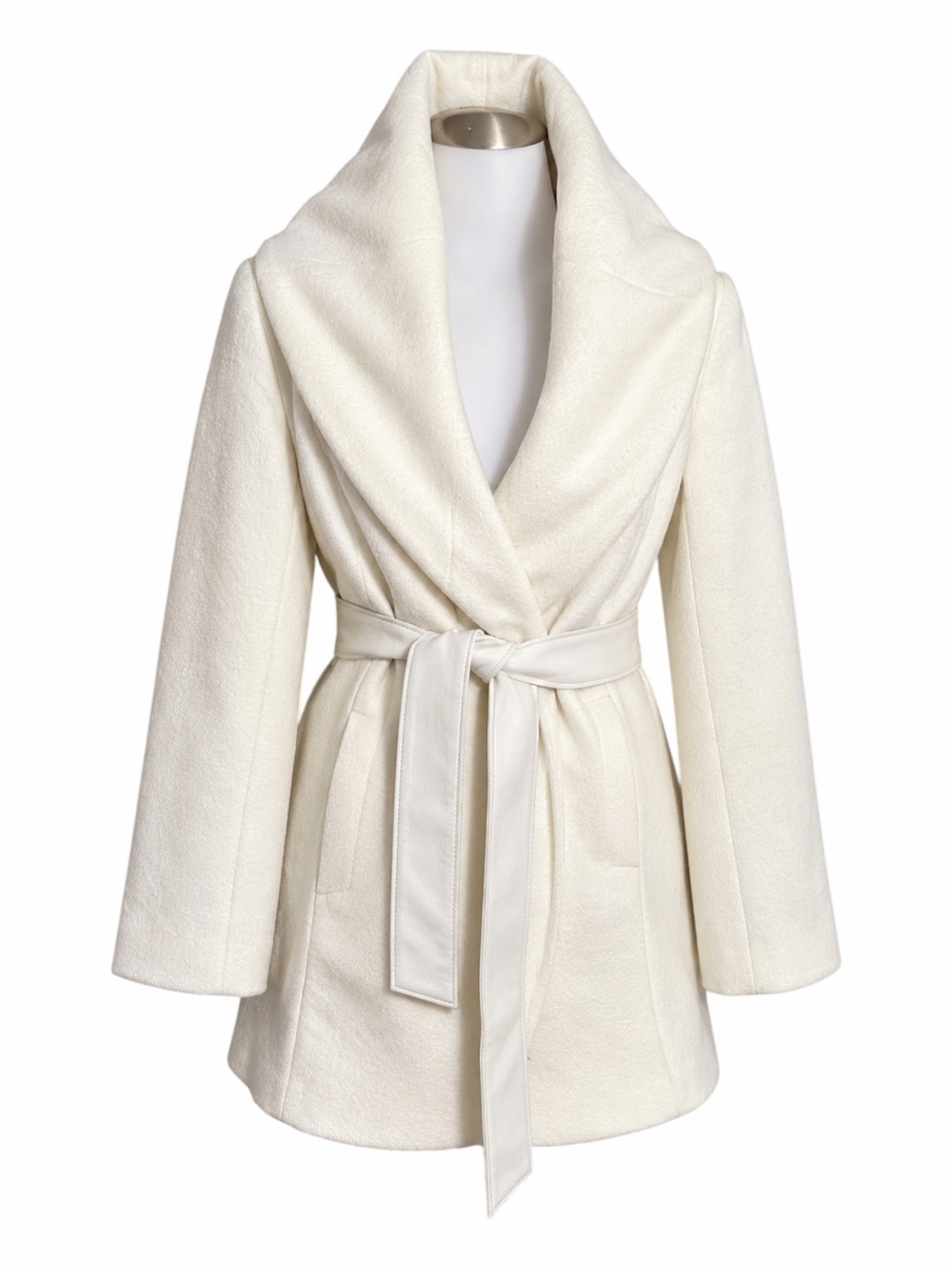 IMAN Off White Wool Blend Belted Shawl Collar Coat Women’s M